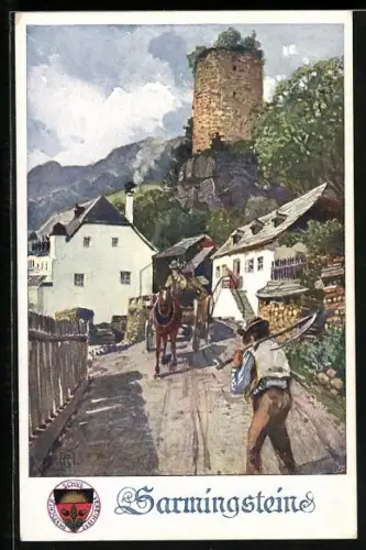 Künstler-AK Sarmingstein, Kutsche unterwegs im Ort, Deutscher Schulverein