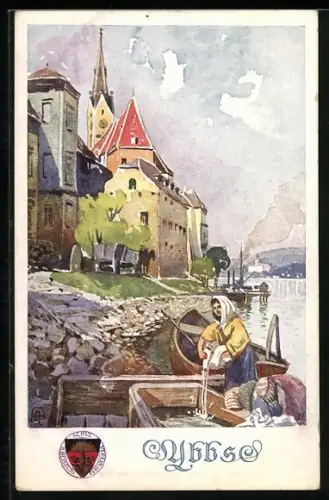 Künstler-AK Ybbs, Partie mit Waschfrau, Deutscher Schulverein