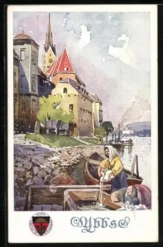 Künstler-AK Ybbs, Partie mit Waschfrau, Deutscher Schulverein