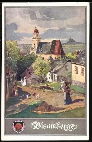 Künstler-AK Deutscher Schulverein Nr. 384: Bisamberg, Ortspartie