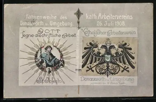 AK Donauwörth, Fahnenweihe des kath. Arbeitervereins Donauwörth u. Umgebung 1908