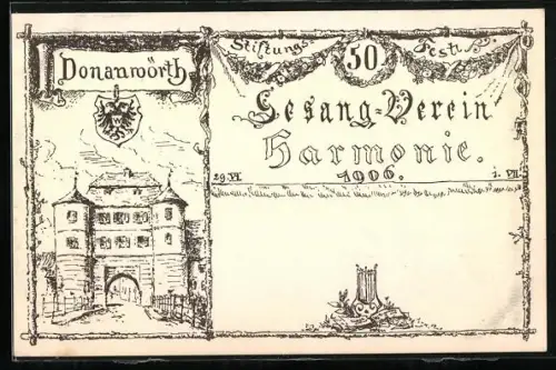Künstler-AK Donauwörth, 50. Stiftungsfest Gesang-Verein Harmonie 1906, Wappen, Burg