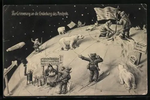 AK Polarexpedition zum Nordpol, Zeppelin im Flug, Eisbären