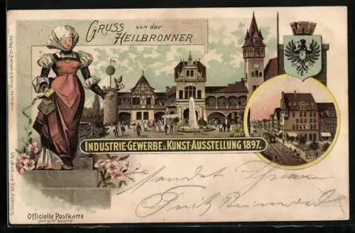 Lithographie Heilbronn, Gewerbe & Industrie-Ausstellung 1897, Ausstellungs-Gelände, Strassenbild mit Strassenbahn