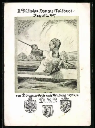 Künstler-AK Donauwörth, 3. Frühjahrs-Donau-Faltboot Regatta 1927, Von Donauwörth nach Neuburg