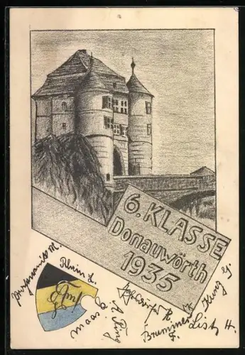 Künstler-AK Donauwörth, Absolvia 6. Klasse 1935, Studentenwappen, Ortsansicht
