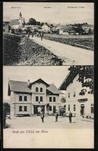 AK Zell am Moos, Gasthaus Franz Bähr und Postamt, Teilansicht mit Kirche