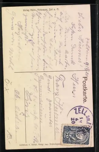 AK Zell am Moos, Gasthaus Franz Bähr und Postamt, Teilansicht mit Kirche