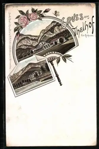 Lithographie Reichenau an der Rax, Thalhof, Curhaus und Ortsansicht, Fächer als Passepartout