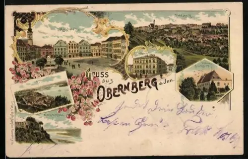 Lithographie Obernberg a. Inn, Volksschule, Schloss und Bezirksgericht, Marktplatz