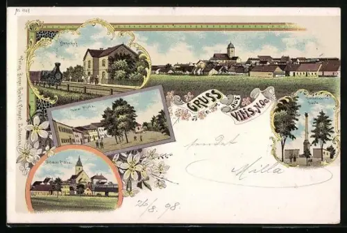 Lithographie Vitis /N. Oe., Bahnhof, Dreifaltigkeitssäule, Oberer Platz und Unterer Platz