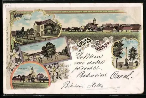 Lithographie Vitis, Oberer Platz, Bahnhof mit einfahrendem Zug, Dreifaltigkeits-Säule