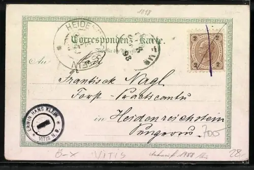 Lithographie Vitis, Oberer Platz, Bahnhof mit einfahrendem Zug, Dreifaltigkeits-Säule