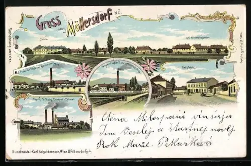 Lithographie Traiskirchen /N.Ö., Möllersdorf, Schule, K.k. Militärstrafanstalt, verschiedene Fabriken, Hauptplatz