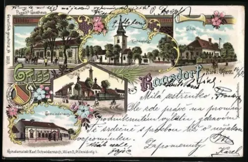Lithographie Raasdorf /Nied.-Österr., Pazelt`s Gasthaus, Schule, Gemeindehaus, Fabrik und Kirchenplatz