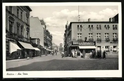 AK Küstrin, Am Stern, Geschäft Tengelmann und Hamburger Kaffee-Lager
