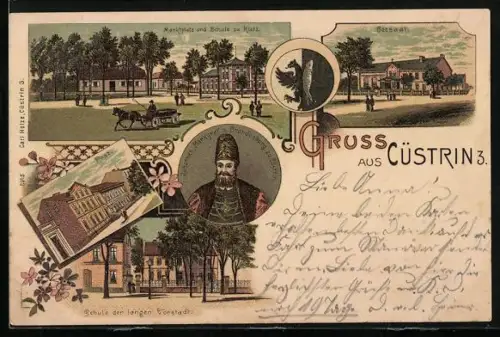 Lithographie Cüstrin, Betsaal, Post, Marktplatz und Schule zu Kietz