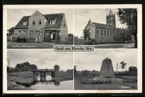 AK Klewitz /Nm., Kaufhaus Max Leischner, Kirche, Denkmal und Mietzel