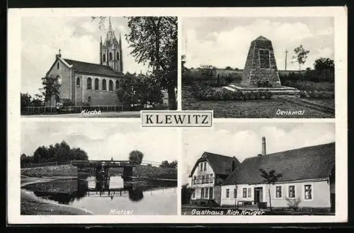 AK Klewitz, Gasthaus Rich. Krüger, Kirche, Denkmal und Mietzel