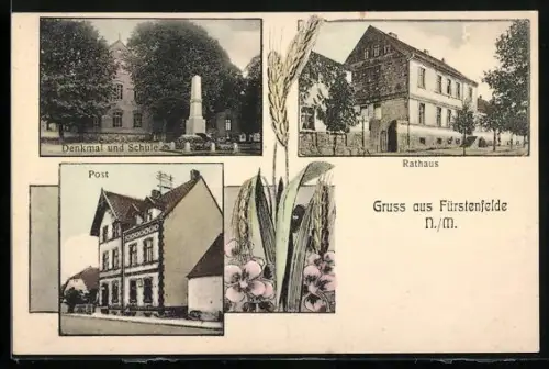AK Fürstenfelde /N. M., Post, Rathaus, Denkmal und Schule