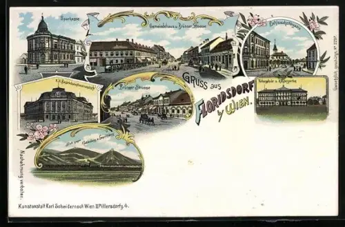 Lithographie Wien-Floridsdorf XXI, Sparkasse, Volksschule und Kindergarten, Gemeindehaus und Brünner Strasse