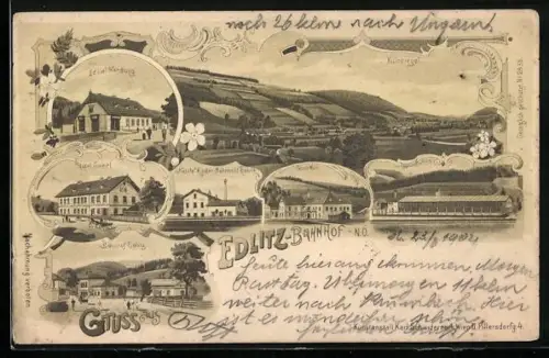 Lithographie Edlitz, Bahnhof, Nestle Kinder Nährmehl Fabrik, Fabrik Watti, Holzschleiferei