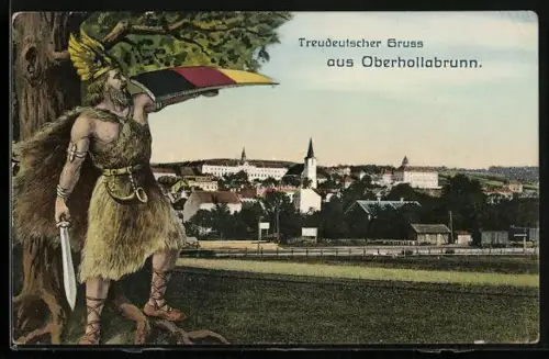 AK Oberhollabrunn, Ortspartie, Wikinger mit Flügelhelm und Schild