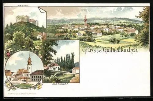 Lithographie Gallneukirchen, Ruine Riedegg, Oberndorf, Ortsansicht, Kirche