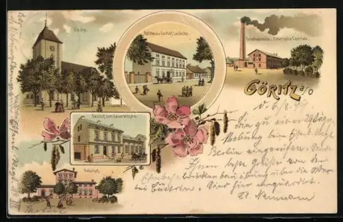 Lithographie Göritz a/O, Gasthof Leidecke, Dampfmahlmühle & Elektr. Centrale, Gasthof zum Kaiser Wilhelm, Bahnhof