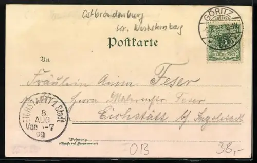 Lithographie Göritz a/O, Gasthof Leidecke, Dampfmahlmühle & Elektr. Centrale, Gasthof zum Kaiser Wilhelm, Bahnhof