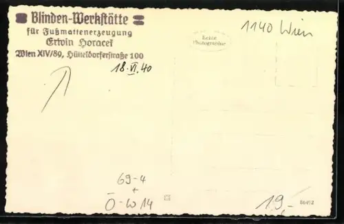 AK Wien, Blinden-Werkstätte für Fussmattenerzeugung Erwin Horacek, Hütteldorferstrasse 100