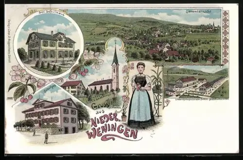Lithographie Niederweningen, Landwirtsch. Maschinen-Fabrik, Sec. Schulhaus, Kirche und Pfarrhaus