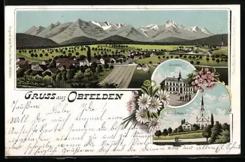 Lithographie Obfelden, Schule, Kirche und Pfarrhaus, Gesamtansicht