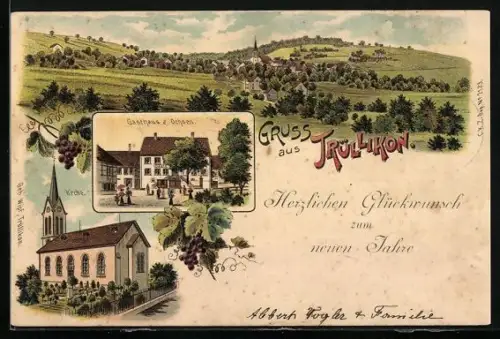 Lithographie Trüllikon, Gasthaus z. Ochsen, Kirche, Totalansicht