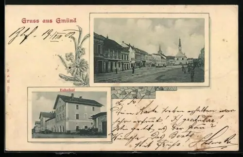AK Gmünd /N.-Oe., Bahnhof und Strassenpartie, Passepartout mit Edelweiss