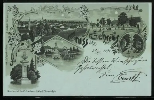 Mondschein-Lithographie Schrems /N.-Ö., Hauptplatz, Vereinsberg, Hammerling Denkmal, Ortsansicht aus der Vogelschau