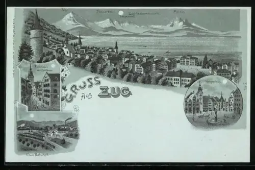 Mondschein-Lithographie Zug, Rathaus, Neuer Bahnhof und Hauptplatz, Ortsansicht mit Gipfelpanorama