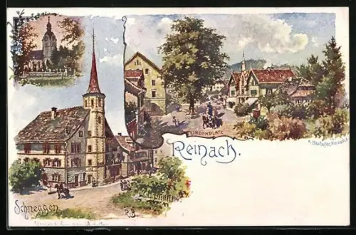 Künstler-AK Reinach /AG, Schneggen, Kirche, Lindenplatz
