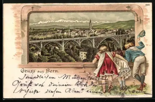 Lithographie Bern, Gesamtansicht mit Eisenbahnviadukt