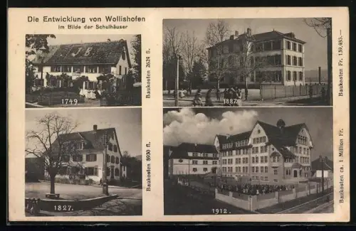 AK Wollishofen, Schulhäuser in den Jahren 1749, 1827, 1887 und 1912 zeigen die Entwicklung der Stadt