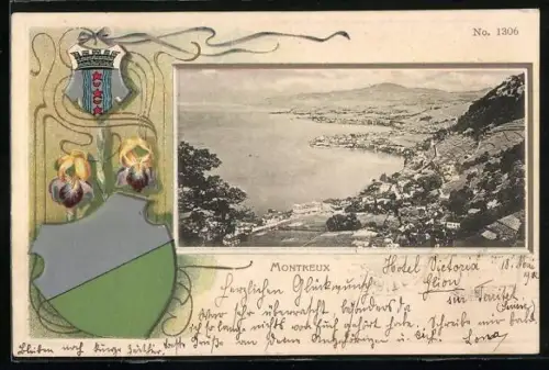 Passepartout-Lithographie Montreux, Panoramablick auf Ort und See, Wappen