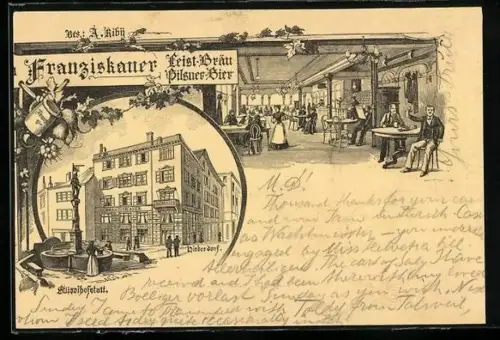 Lithographie Zürich, Stüssihofstatt Niederdorf, Gasthaus Ausschank Franziskaner, Bes. A. Riby