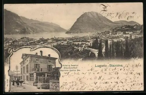 AK Lugano-Stazione, Hotel & Pension Zürcherhof, Panoramablick auf Stadt und See