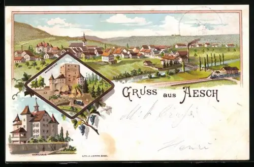 Lithographie Aesch /BL, Schulhaus, Angenstein, Ortspanorama