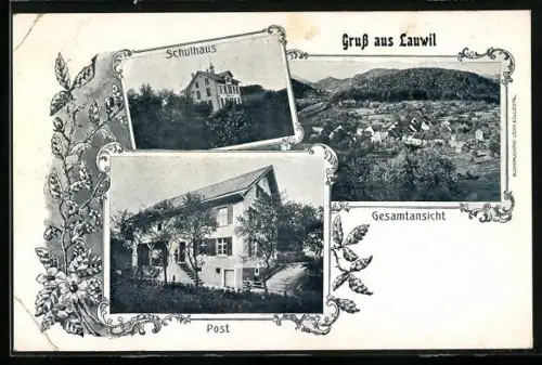AK Lauwil, Post, Schulhaus, Ortsansicht aus der Vogelschau