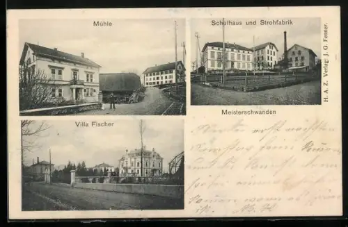 AK Meisterschwanden, Villa Fischer, Schulhaus u. Strohfabrik, Mühle