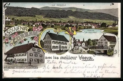 Lithographie Corban, Auberge a la Croix Federale, Ecole, Partie du Village