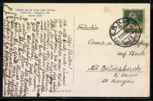 AK Cernier, Hotel de la Vue des Alpes, Propr. Charles Noba