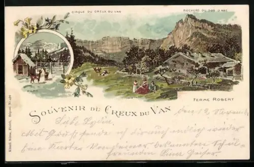 Lithographie Creux du Van, Rochers du dos D'anke, Ortsansicht