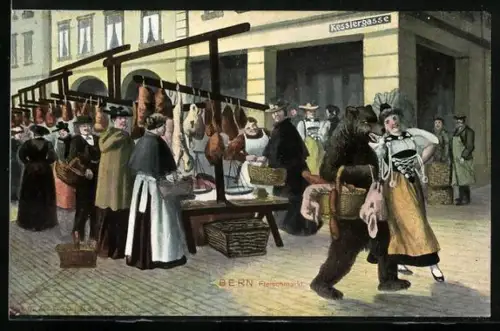 AK Bern, vermenschlichte Tiere beim Einkauf auf dem Fleischmarkt